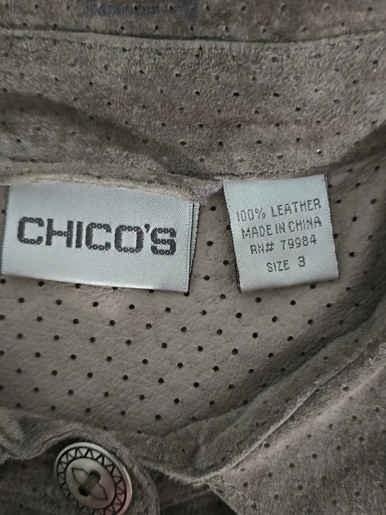 Chico’s Vintage Long-Sleeve Asian Calligraphy Print Suede Leather Shirt-Jacket - Picture 9 of 10